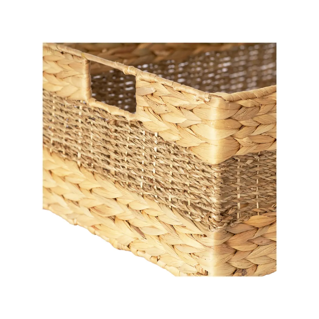 Woven Water Hyacinth Baskets with Handle, Large Rectangular Nesting Storage Bins Organiser Hamper Shelf Baskets Set Of 4