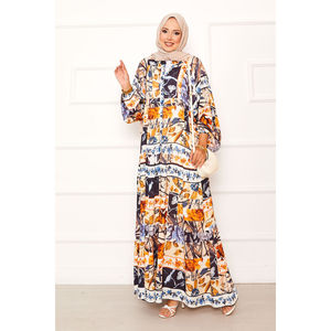 Navy Blue Floral Patterned Viscose <b>Dress</b> Plus Size <b>Loose</b> Silhouette with Dropped Waistline Chic Chiffon Floral Print Fashion - Product Image 1