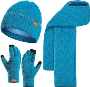 Ensemble bonnet et écharpe longs en tricot d'hiver pour femmes avec gants tactiles 100% laine 1 pièce - Product Image 3