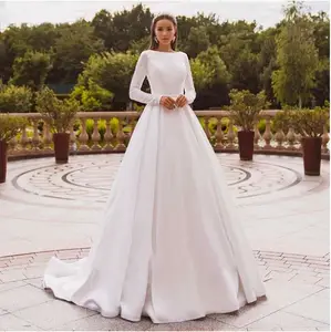 Mumuleo Elegant Satin Wedding Dresses Long Sleeve Lace Bride Gown Muslim Wedding Gown Covered Back Vestido de novia