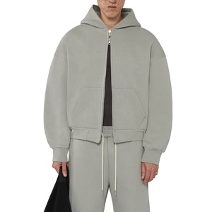 High quality cotton fleece <b>blank</b> mens cropped boxy hoodie zip-up oversized heavy <b>weight</b> customize zip up hoodies - Product Image 3