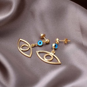 Boucles d'oreilles clous œil perlé bleu plaqué or 22 carats, bijoux turcs faits à la main en argent sterling 925, vente en gros - Product Image 4