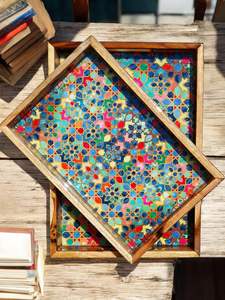 Colorful Rectangular Teakwood Platters Decorative <b>Breakfast</b> <b>Trays</b> <b>Bed</b> Coffee Table Eco-Friendly Engraving Technique Wedding - Product Image 3