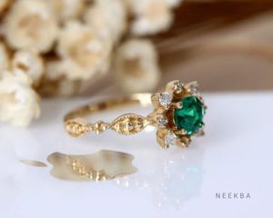 Round-Shaped Lab Grown Emerald Ring Handcrafted in 10K Solid Gold Vintage Emerald Wedding Ring Customized Metal Tone/Purity - Product Image 3