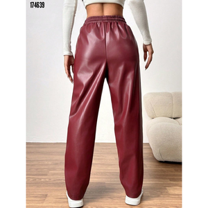 กางเกงหนังเอวสูงผูกเชือกสำหรับผู้หญิง รุ่น 38317 - สีเบอร์กันดี - Product Image 5