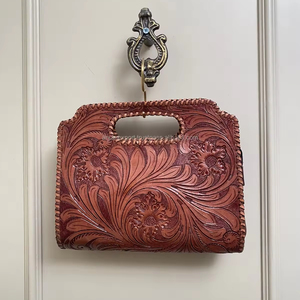 2024 Western <b>Women</b> Genuine Leather Designer <b>Handbag</b> Purse Top Handle Satchel Hand Tooled Floral Carving Stylish Bag Gift for Her - Product Image 4