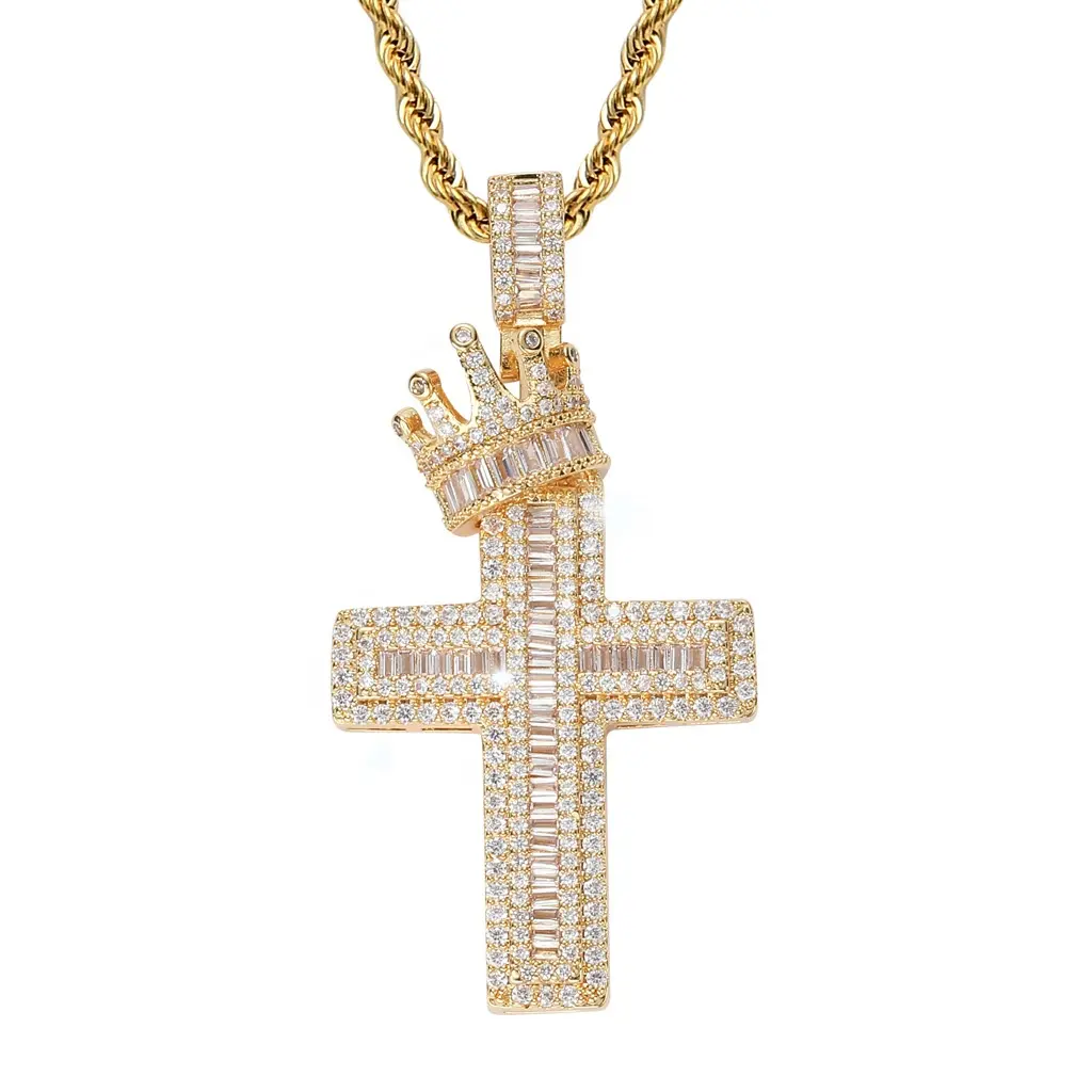 18k Yellow Gold Plated Iced Out CZ Diamond Hip Hop Christ Necklace Crown Cross Pendant