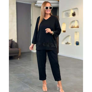 Women's Long-Sleeve V-Neck <b>Sequin</b> Viscose Two-Thread Blouse and <b>Pants</b> Set, 28418 - Black - Product Image 4