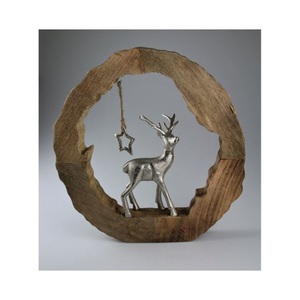 Anillo creativo de madera de mango, decoración navideña con Reno de aluminio plateado con estrella colgante, escultura única para decoración del hogar - Product Image 1