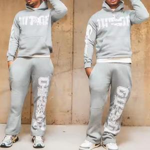 <b>100</b>% Cotton Two Piece Hoodies and Flare Sweat Pant Suit Stacked Joggers Tracksuit Sets Custom Sweatsuits Acid Wash Thick Fleece - Product Image 6