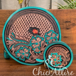 Hand Tooled Leather Canteen Crossbody Bag for Women's Western Hand Tooled Canteen Coin Case With Keychain Combo <b>Unique</b> Gift Set - Product Image 1