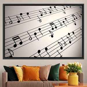 Impression sur toile pour salle de musique minimaliste : Art mural élégant avec notes de musique, toile encadrée noire - Product Image 1
