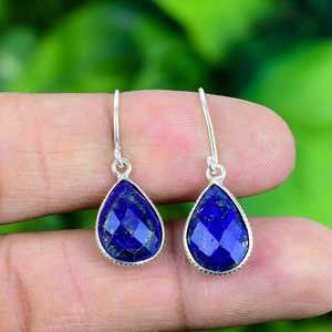 Boucles d'oreilles pendantes en argent sterling 925 massif, style bohème afghane, lapis-lazuli hydro, taille poire 8x10mm, sertissage clos, pour femme, mariage raffiné - Product Image 2