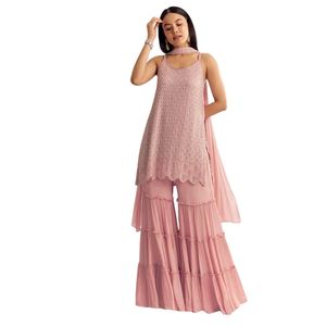 Set Kurta Chinon rosa con Cutdana Moti e Choker Dupatta firmato abito Sharara da sposa per elegante abito festivo da donna - Product Image 1