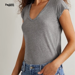 Camiseta lisa para mujer con cuello en V, de alta calidad, personalizada, ajustada, blusas y camisas para mujer 2026 - Product Image 2