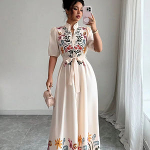 ชุดเดรสลำลองฤดูร้อนของผู้หญิงชุดเดรสยาวหรูหรามีสองชั้นลายใบบัวปักคอและซับในผ้าฝ้าย - Product Image 1