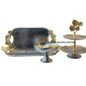 Luxury Leaf Design Silver & Gold Metal Serving Tray <b>Set</b> with Decorative 2-Tier Cupcake <b>Stand</b> for Home Decor - Product Image 1