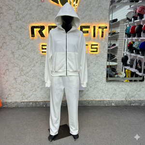 Unisex White Hooded Tracksuit Full Length Zipper Fly Solid Color Casual Streetwear Eco-Friendly Four-<b>Way</b> Stretch Winter Wear - Product Image 1