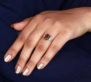 Anillos de aniversario de compromiso de banda minimalista, Joyería de diamantes de piedra de cuarzo ahumado con corte octogonal de moda para anillo de plata de boda - Product Image 4