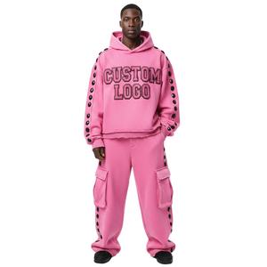 Ensemble survêtement homme personnalisé de haute qualité en coton épais 500 GSM, avec sweat à capuche à épaules tombantes double couche et pantalon cargo - Product Image 1