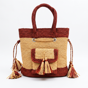Colorful Beaded Bohemian <b>raffia</b> <b>Tote</b> Bag With Tassel Decoration Striped Pattern Two Handles Drawstring Closure All Seasons Use - Product Image 2