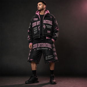 <b>Men's</b> <b>Denim</b> <b>Jacket</b> Hoodie Set Washed Rhinestone Patchwork Distressed Short Streetwear Summer - Product Image 5