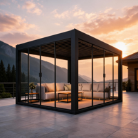 Pergola motorisée à lames orientables en aluminium, moderne, étanche, bioclimatique, avec portes coulissantes en verre pour patio et jardin