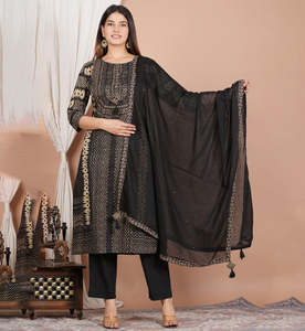Kurta décontracté pour femme à imprimé floral, coupe droite, avec pantalon et dupatta (noir) - Product Image 1