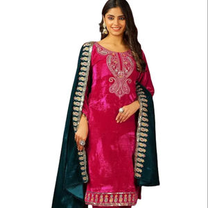 Comprar Terciopelo Y Seda Pesado Púrpura Elegante Bordado Secuencia Trabajo Con Mangas Completas Paquistaní Salwar Kameez Con Dupatta - Product Image 1