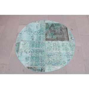 Alfombra Turca Redonda de 3.5x3.5 pies, Alfombra de Lana Vintage con Borde Azul - Product Image 1