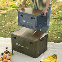 Caixa de Armazenamento Dobrável PET com Rodas para Camping, Organizador de Porta-Malas de Carro, Caixa de Armazenamento Empilhável para Exterior com Tampa de Madeira