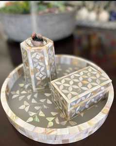 Juego de bandeja de quemador de incienso de madreperla redonda moderna hecha a mano, caja de quemador de incrustaciones de fregona de madera, calentador de velas, juego de bandeja de quemador Bakhoor - Product Image 1