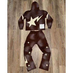 Conjunto de Sudadera con Capucha y Pantalones de Chándal Personalizados con Borde Cortado, Estilo Casual Holgado, con Parches Bordados Desgastados y Apliques, de Felpa de Rizo con Efecto Desgastado por el Sol - Product Image 6