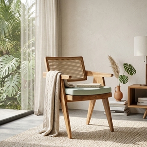 Natural Teak Wood Woven Rattan <b>Armchair</b> V Leg Chandigarh Style Cushioned Accent <b>Dining</b> Chair Outdoor Patio Setup Art Decor - Product Image 4