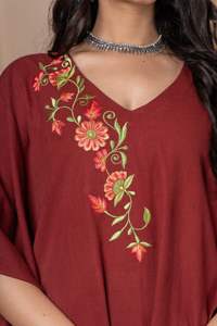 Nouveau femmes décontracté broderie florale caftan robe genou longueur grande taille lavable tissé tissu naturel taille modèle de commande - Product Image 3