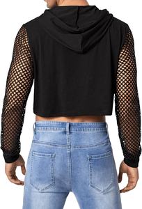 Sudadera con capucha corta para hombre de último diseño, Sudadera con capucha recortada con cordón de malla en contraste de manga larga - Product Image 2