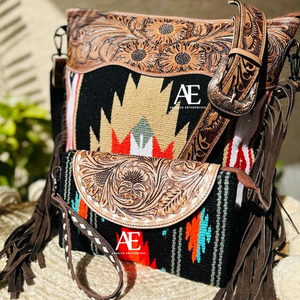 กระเป๋าถือหนัง Aztec Tooled สไตล์ตะวันตกดั้งเดิม,ใหม่กระเป๋าสะพายไหล่และสายคล้องมือสีสันสดใสสำหรับผู้หญิงชุดคอมโบที่มีเอกลักษณ์ - Product Image 1