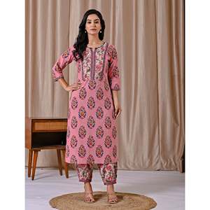 ชุดคุर्ตาอัฟกานีสีชมพูพิมพ์ลายบล็อกทรงตรงสไตล์ลำลองสำหรับฤดูใบไม้ผลิ/ฤดูร้อน เสื้อแขนสามส่วน - Product Image 3