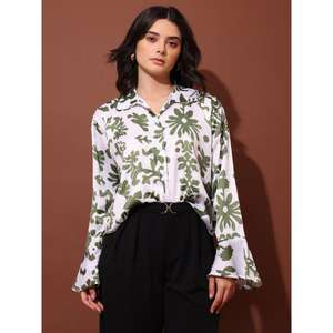 Purvaja Chemise en satin à col fleuri bleu imprimé pour femme - Product Image 3