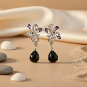 Pendientes de Plata con Ónix en Forma de Lágrima para Mujer, Joyería de Moda con Piedras Preciosas - Product Image 1