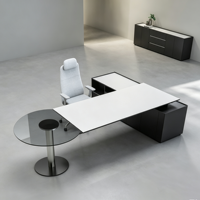Bureau de direction moderne de luxe blanc et noir avec armoire de rangement et table ronde en verre – Mobilier de bureau