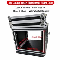 Boîtier de transport en aluminium antichoc double couche 8U personnalisé OEM, avec double porte, pour montage en rack profond, amplificateur, mélangeur, couleurs variées