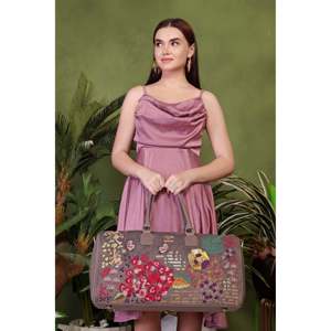 Embroidered Suede Velvet & Vegan Leather Premium Zipper Closure <b>Overnight</b> Duffel & Weekender Travel <b>Bag</b> for Gym-Eco-Friendly - Product Image 2