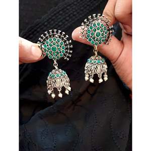 Oxidized Green Stone <b>Jhumka</b> <b>Earrings</b> for Women Traditional Indian Ethnic Drop <b>Earrings</b> Handmade Party Wear Jewelry - Product Image 1