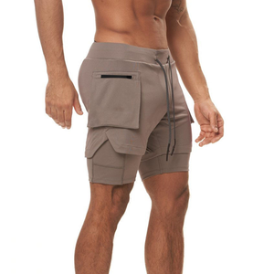 High Elasticity Breathable Solid Color Zipper Pocket 2 in 1 Gym Cargo Shorts for Men - Product Image 3