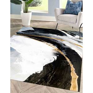 Tapis abstrait noir et or : Tapis moderne à accents marbrés, tapis fin non tissé - Product Image 3