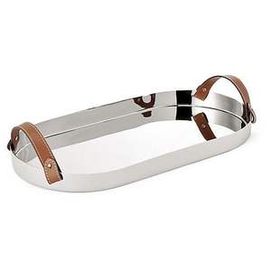 Asas de cuero Diseñador de metal Fancy Decorativo Venta al por mayor Equipo de servicio Bandeja pulida de espejo ovalado de acero inoxidable - Product Image 1