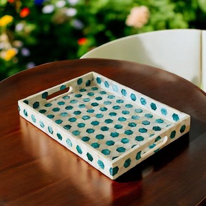 Bandeja para servir con incrustaciones de hueso con patrón geométrico hecha a mano en la India elegante bandeja para servir con incrustaciones de hueso para decoración de comedor y cocina - Product Image 2