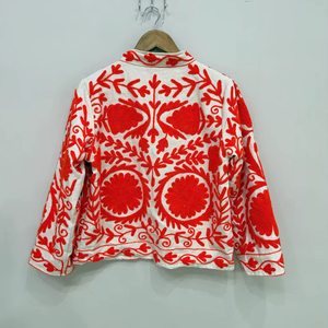 Hermosa Chaqueta de Terciopelo Naranja Suzani, Chaqueta Étnica Boho Bordada, Abrigo Bohemio para Festivales, Chaqueta Corta Bordada Estilo Boho - Product Image 3