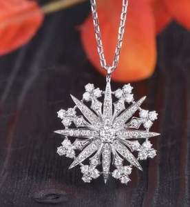 Or blanc Moissanite Collier Unique Starburst Pendentif Vintage Lunette Diamant Flocon De Neige Pendentif Céleste Bijoux Pendentif - Product Image 1